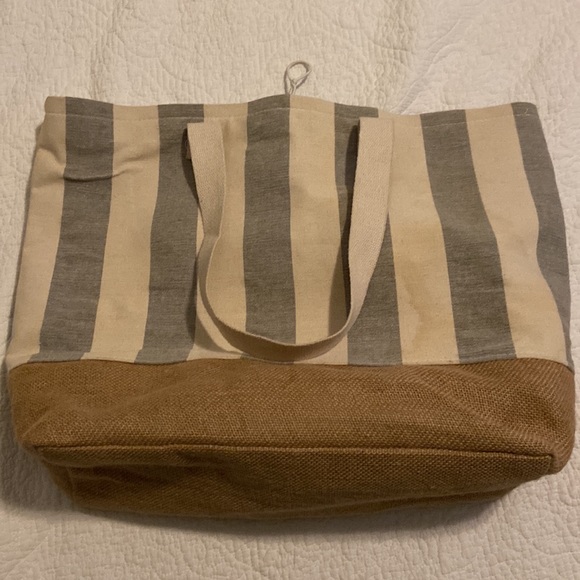Gray & White Striped and Straw Base Beach Tote Bag Two Straps Button Closure - Picture 5 of 6
